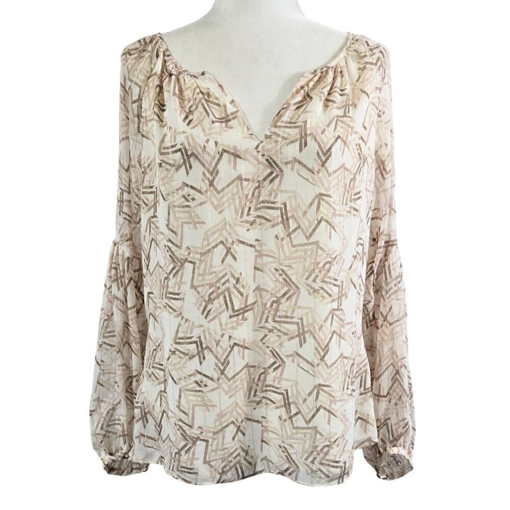 White House Black Market Cream Abstract Geo Split Neck Blouse Metallic Dressy